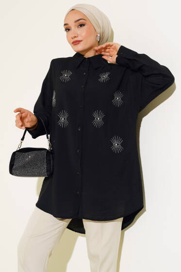 Taş Detaylı Ağaç Kabuğu Gömlek Siyah - Gömlek