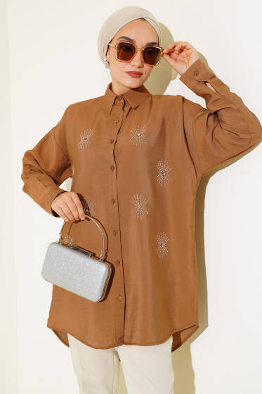 Taş Detaylı Ağaç Kabuğu Gömlek Taba - Gömlek