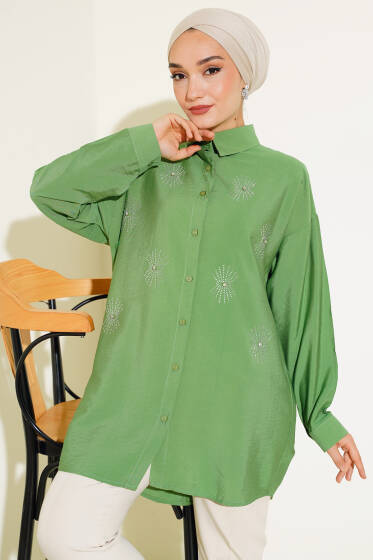 Taş Detaylı Ağaç Kabuğu Gömlek Yeşil - Gömlek