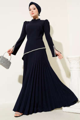 Taş Detaylı Alt Piliseli Elbise Lacivert - Tesettür Elbise