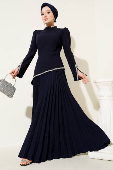 Taş Detaylı Alt Piliseli Elbise Lacivert - Tesettür Elbise