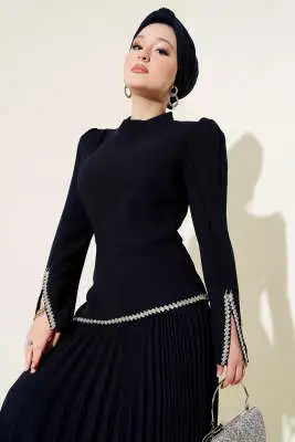 Taş Detaylı Alt Piliseli Elbise Lacivert - Tesettür Elbise