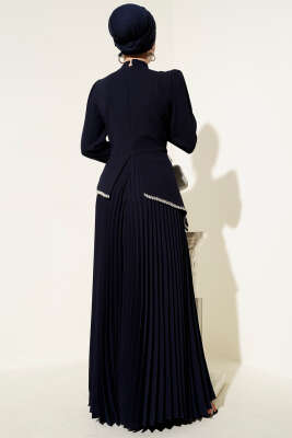 Taş Detaylı Alt Piliseli Elbise Lacivert - Tesettür Elbise