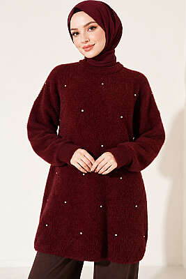 Taş Detaylı Angora Tunik Bordo - KILIÇ TRİKO