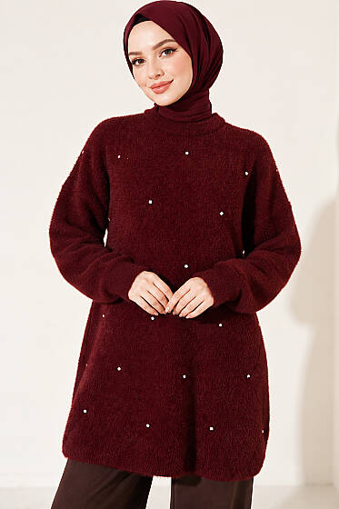 Taş Detaylı Angora Tunik Bordo - Tunik