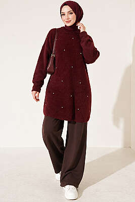Taş Detaylı Angora Tunik Bordo - Tunik
