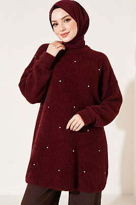 Taş Detaylı Angora Tunik Bordo - Tunik
