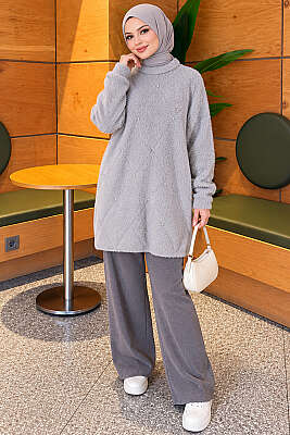 Taş Detaylı Angora Tunik Gri - Tunik
