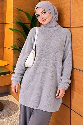 Taş Detaylı Angora Tunik Gri - Tunik