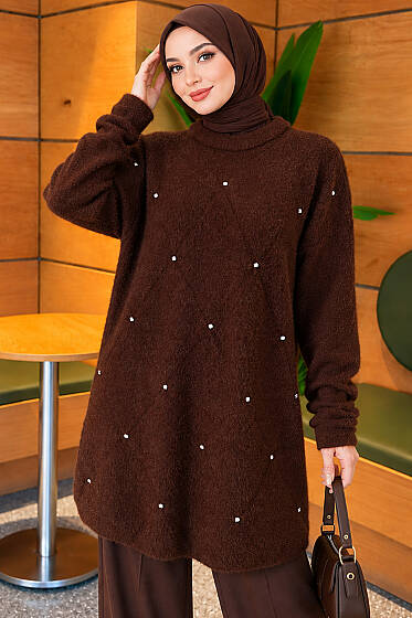 Taş Detaylı Angora Tunik Kahve - Tunik