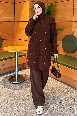 Taş Detaylı Angora Tunik Kahve - Tunik
