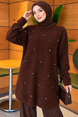 Taş Detaylı Angora Tunik Kahve - Tunik