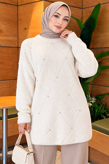 Taş Detaylı Angora Tunik Kemik - Tunik