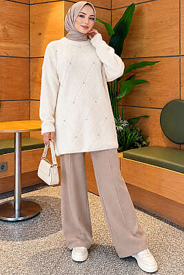 Taş Detaylı Angora Tunik Kemik - Tunik