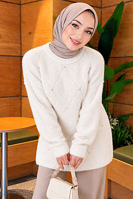 Taş Detaylı Angora Tunik Kemik - Tunik
