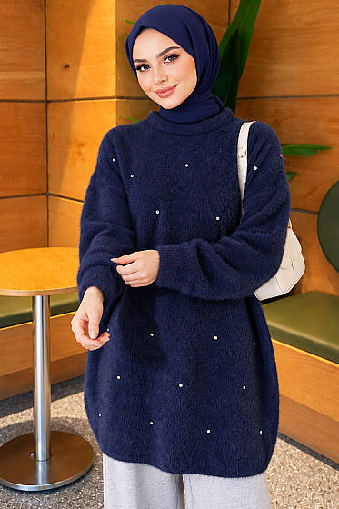 Taş Detaylı Angora Tunik Lacivert - Tunik