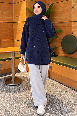 Taş Detaylı Angora Tunik Lacivert - Tunik