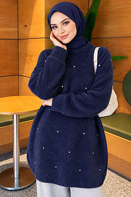 Taş Detaylı Angora Tunik Lacivert - Tunik