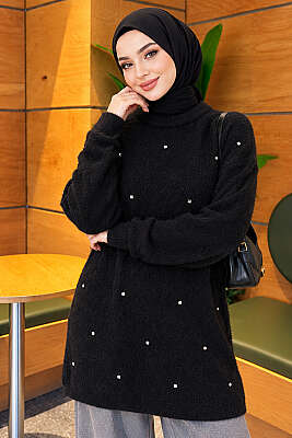 Taş Detaylı Angora Tunik Siyah - Tunik