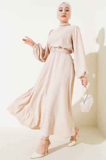 Taş Detaylı Balon Kol Etekli İkili Takım Bej - İkili Takım