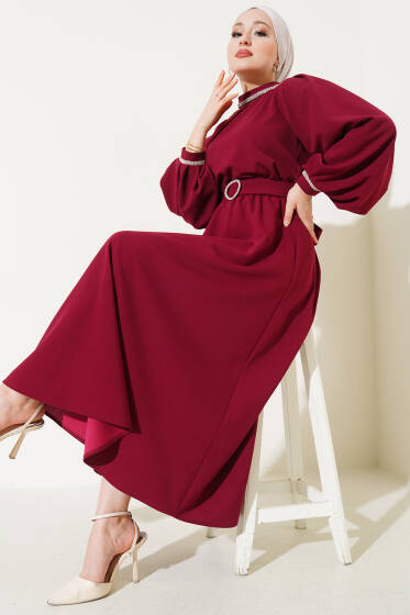 Taş Detaylı Balon Kol Etekli İkili Takım Bordo - İkili Takım