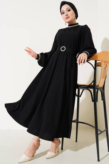 Taş Detaylı Balon Kol Etekli İkili Takım Siyah - İkili Takım