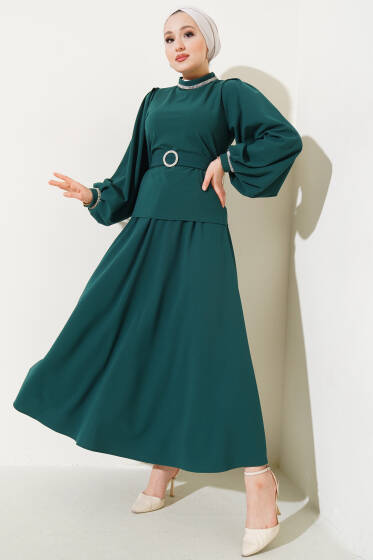 Taş Detaylı Balon Kol Etekli İkili Takım Zümrüt - İkili Takım