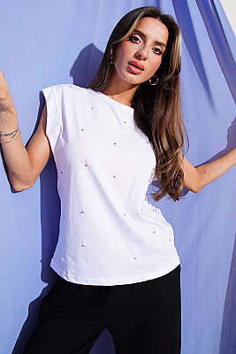 Taş Detaylı Basic T-shirt Beyaz - CALİENTE
