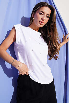 Taş Detaylı Basic T-shirt Beyaz - Kadın Giyim Modelleri