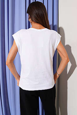 Taş Detaylı Basic T-shirt Beyaz - Kadın Giyim Modelleri