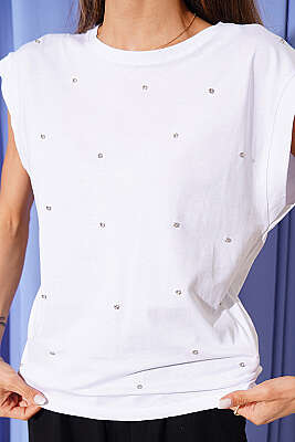 Taş Detaylı Basic T-shirt Beyaz - Kadın Giyim Modelleri