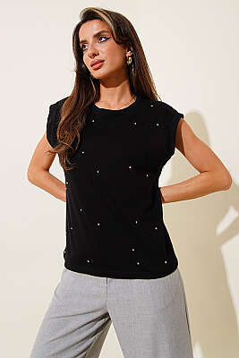 Taş Detaylı Basic T-shirt Siyah - Kadın Giyim Modelleri