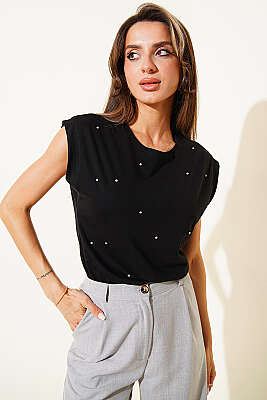 Taş Detaylı Basic T-shirt Siyah - Kadın Giyim Modelleri