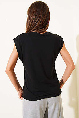 Taş Detaylı Basic T-shirt Siyah - Kadın Giyim Modelleri