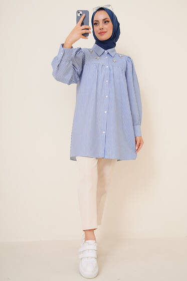 Taş Detaylı Çizgili Gömlek Mavi - Gömlek