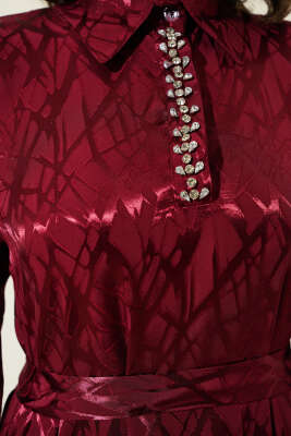 Taş Detaylı Elbise Bordo - Tesettür Elbise