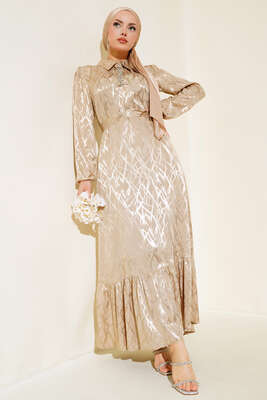 Taş Detaylı Elbise Latte - Tesettür Elbise
