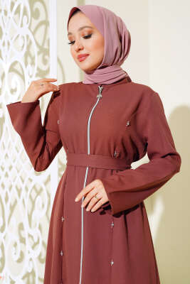 Taş Detaylı Fermuarlı Ferace Burgonya - Trençkot