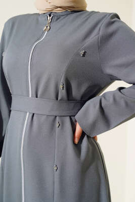 Taş Detaylı Fermuarlı Ferace Gri - Trençkot