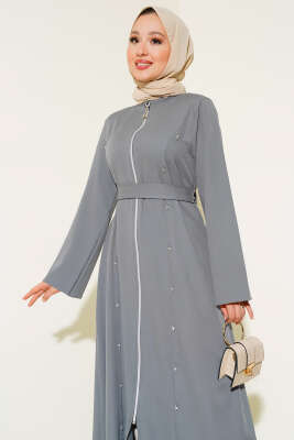 Taş Detaylı Fermuarlı Ferace Gri - Trençkot