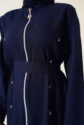 Taş Detaylı Fermuarlı Ferace Lacivert - Trençkot