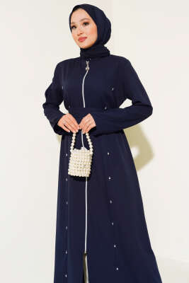 Taş Detaylı Fermuarlı Ferace Lacivert - Trençkot