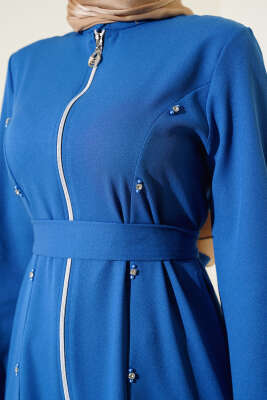 Taş Detaylı Fermuarlı Ferace Mavi - Trençkot