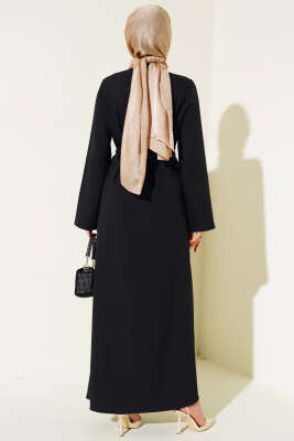 Taş Detaylı Fermuarlı Ferace Siyah - Trençkot