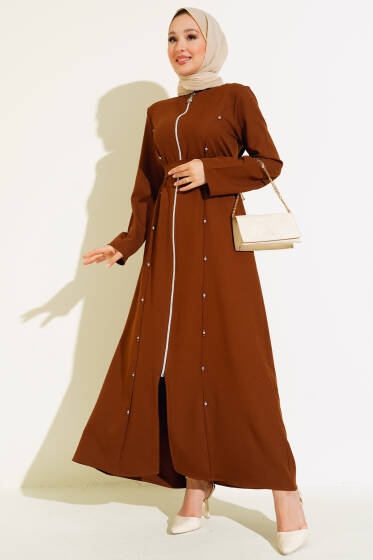 Taş Detaylı Fermuarlı Ferace Taba - Ferace