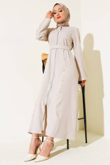 Taş Detaylı Fermuarlı Ferace Taş - Trençkot