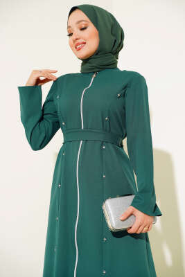 Taş Detaylı Fermuarlı Ferace Yeşil - Trençkot