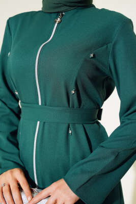 Taş Detaylı Fermuarlı Ferace Yeşil - Trençkot