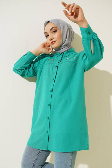 Taş Detaylı Flam Tunik Yeşil - Tunik