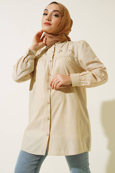 Taş Detaylı Flam Tunik Bej - Tunik